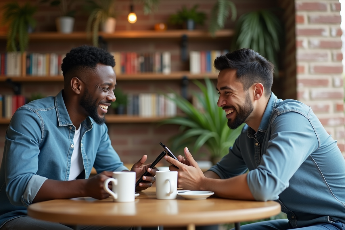 Deux hommes souriants avec smartphones dans un café moderne