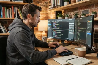 Développeur configurant une license key FiveM sur un VPS depuis son bureau à domicile