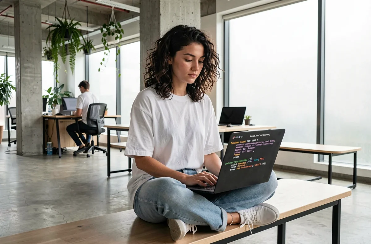 Jeune développeuse configurant une clé de licence FiveM en SSH dans un espace de coworking