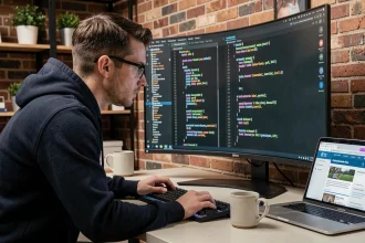 Développeur Python analysant des erreurs de scraping web sur un grand écran incurvé dans un bureau à domicile moderne