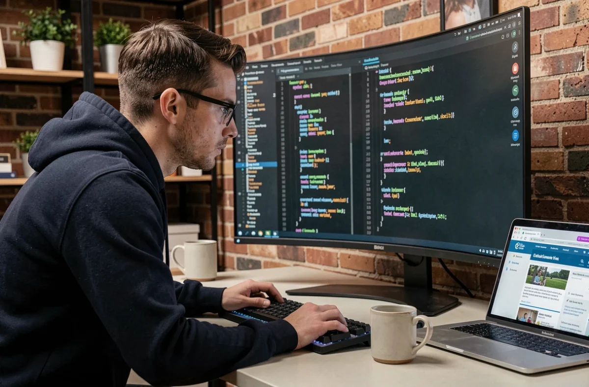 Développeur Python analysant des erreurs de scraping web sur un grand écran incurvé dans un bureau à domicile moderne
