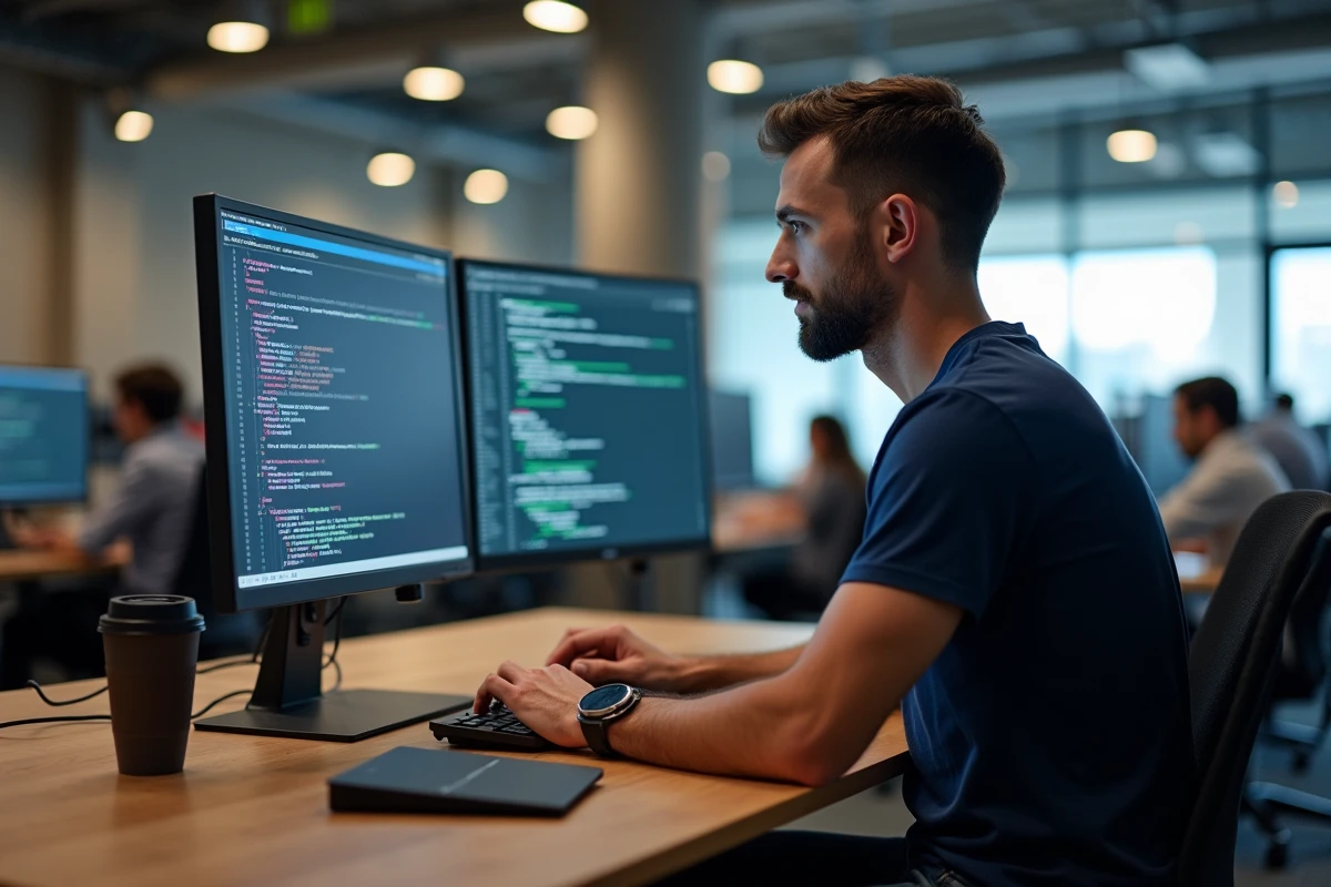 Développeur Python en open space exécutant des scripts dans un terminal sur écran large