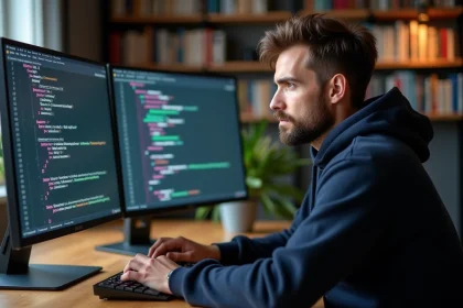 Développeur Python analysant du code XML sur un double écran dans un bureau moderne