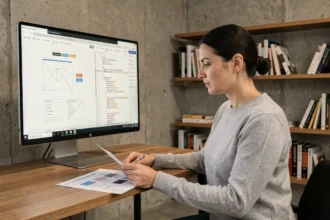 Développeuse web analysant un design de site sur un double écran avec wireframes et code HTML dans un studio moderne