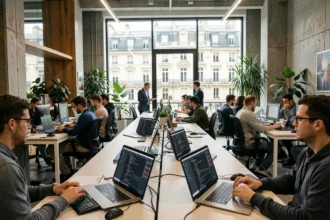 Espace de coworking parisien animé avec des développeurs freelance travaillant sur leurs ordinateurs portables en Île-de-France