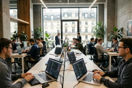 Espace de coworking parisien animé avec des développeurs freelance travaillant sur leurs ordinateurs portables en Île-de-France