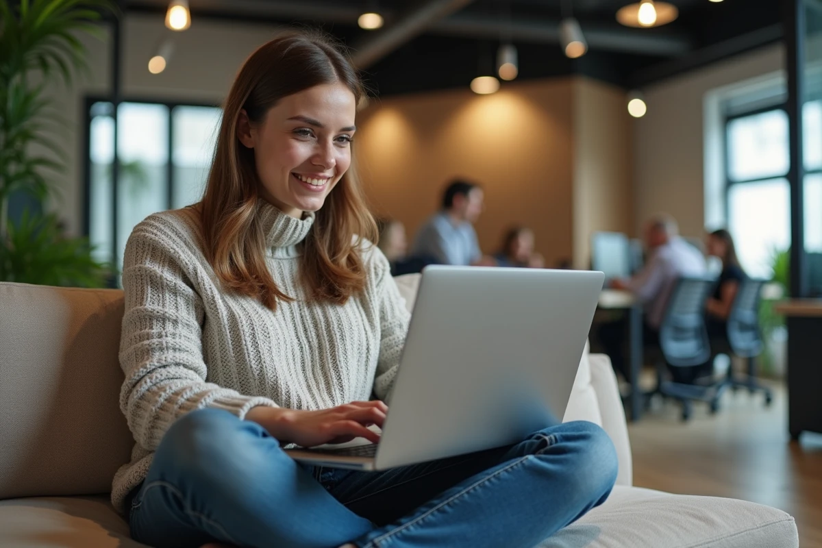 Femme developpeuse souriante sur un sofa de coworking