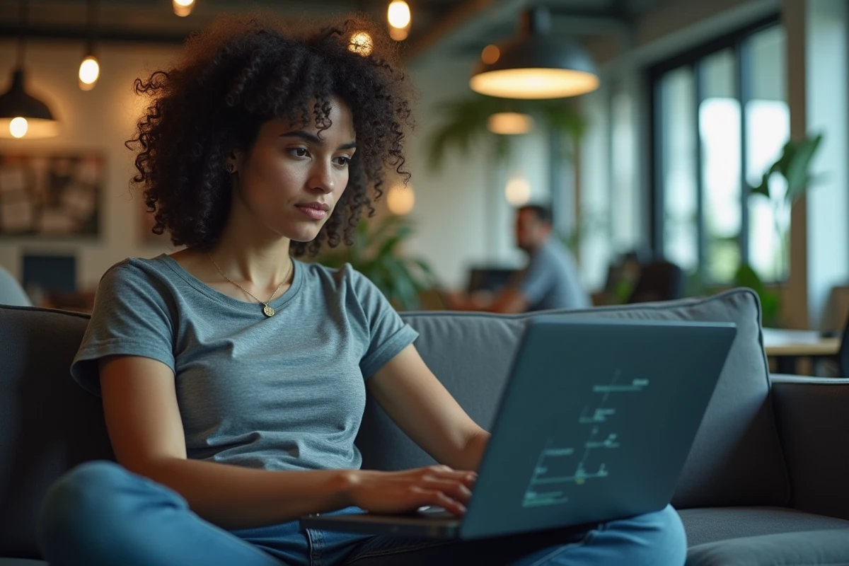 Développeuse Python travaillant sur le parsing d'un fichier XML complexe dans un espace de coworking
