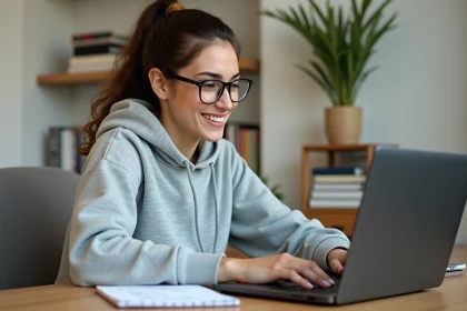 Jeune développeuse Python travaillant sur un miniprojet de code depuis son bureau à domicile