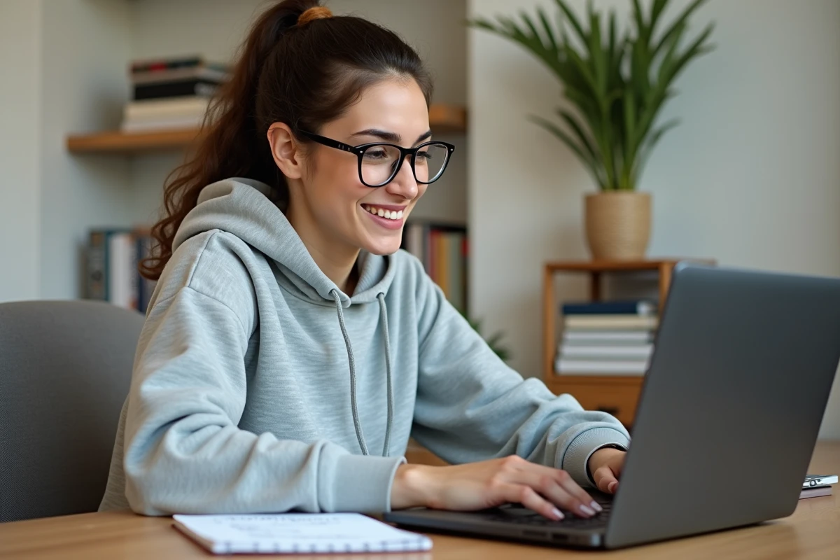 Jeune développeuse Python travaillant sur un miniprojet de code depuis son bureau à domicile