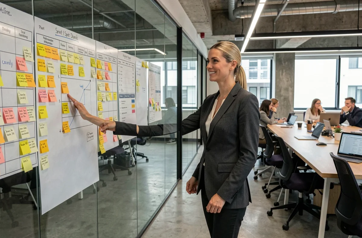 Chef de projet Doaken présentant un planning de sprint agile sur un mur de verre dans une agence informatique moderne