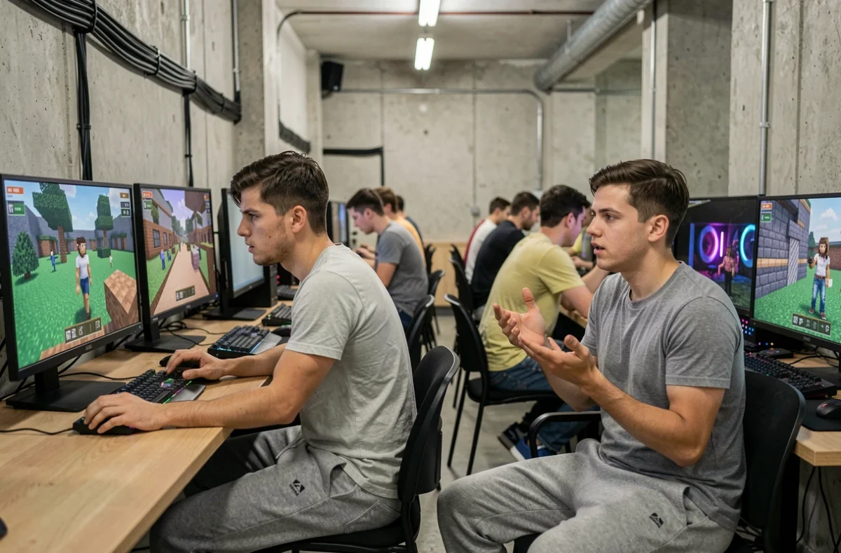 Deux joueurs s'affrontent en duel Minecraft dans un café gaming lors d'une session d'entraînement PvP