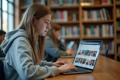Adolescente explorant un site d'orientation scolaire numérique sur un ordinateur portable dans une bibliothèque de lycée