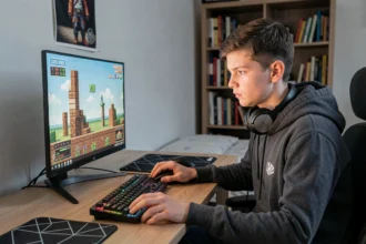 Joueur adolescent concentré s'entraînant au clic rapide sur Minecraft devant son setup gaming