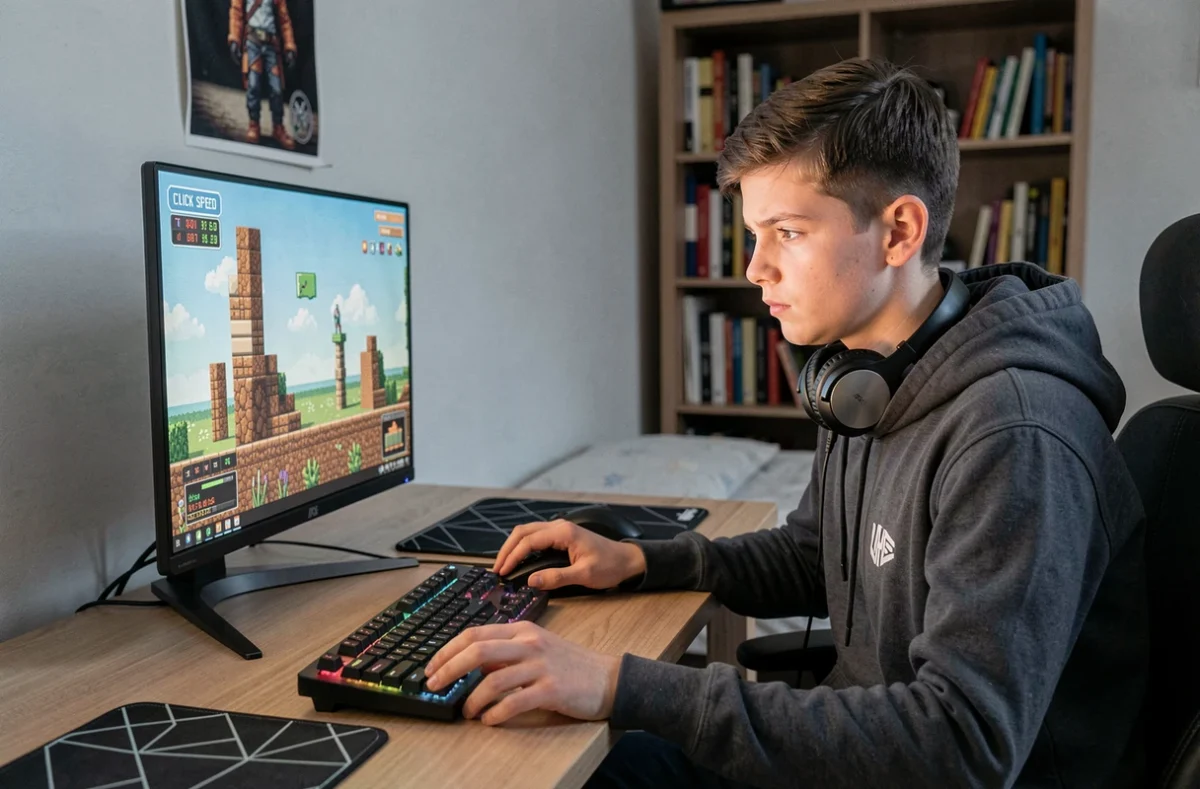 Joueur adolescent concentré s'entraînant au clic rapide sur Minecraft devant son setup gaming