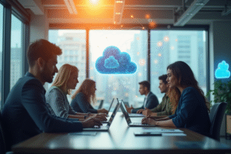 Équipe diversifiée collaborant autour d'ordinateurs avec nuages numériques