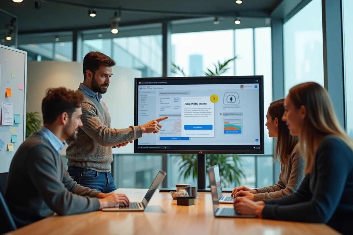 Équipe de trois professionnels en réunion autour d'une table debout, partageant des fichiers volumineux via une interface de transfert sur leurs ordinateurs, dans une salle de réunion vitrée moderne