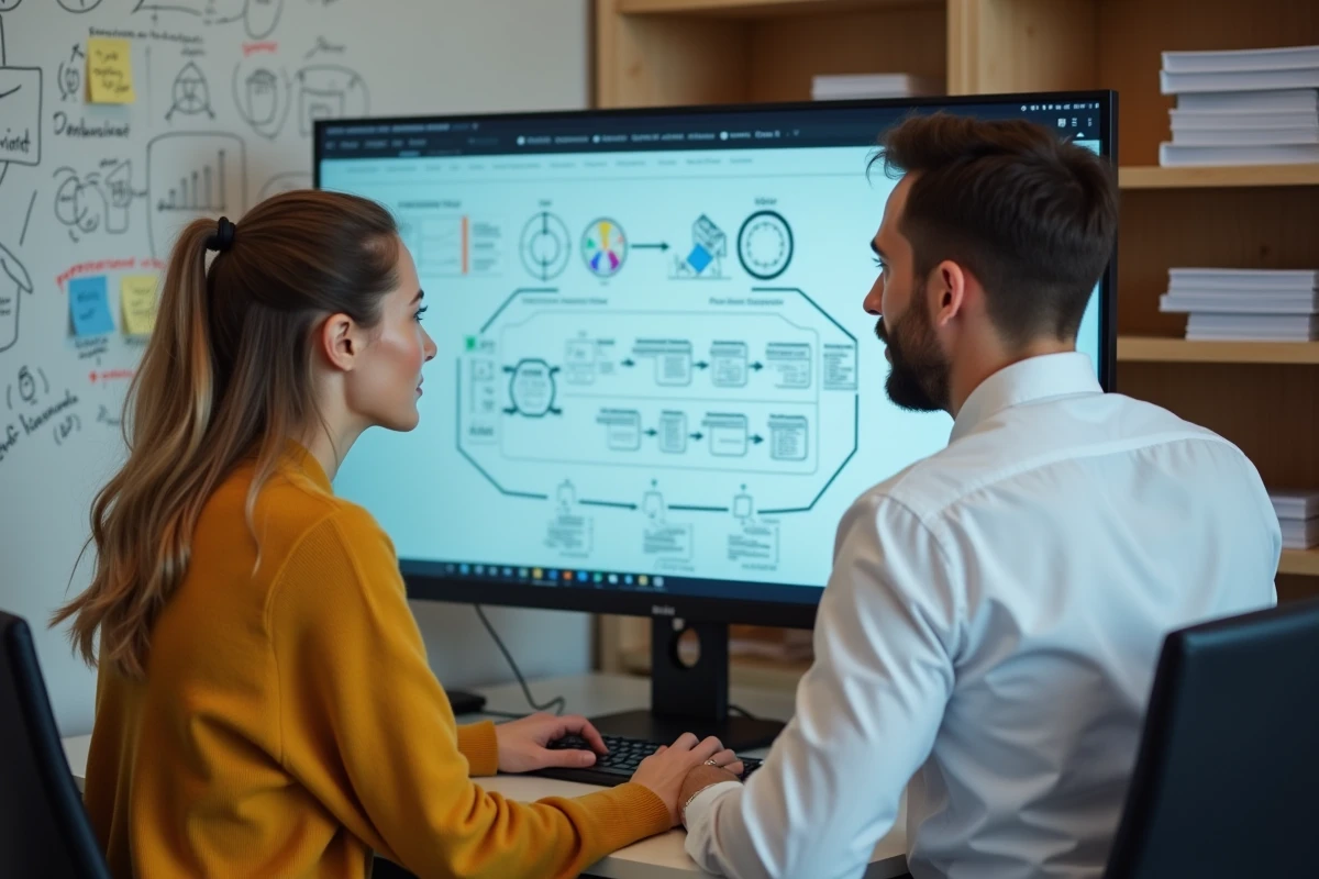 Deux collègues en support informatique analysant ensemble un schéma de gestion des droits d'accès utilisateurs liant Webmelanie2 et Cerbère