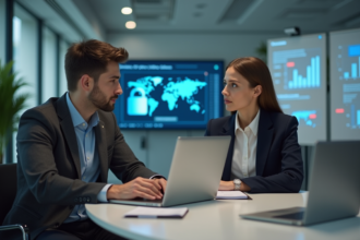 Jeune homme et femme discutant stratégie de cybersécurité