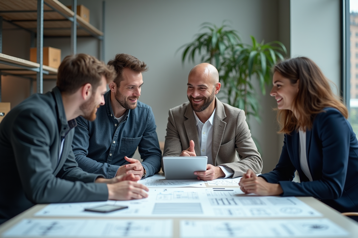 Groupe de collègues en réunion avec plans et tablette