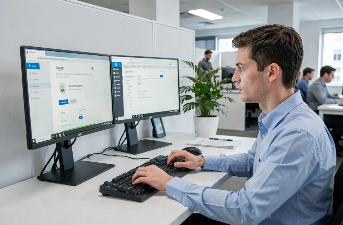 Jeune professionnel faisant face à un message d'erreur de connexion et cherchant à récupérer ses identifiants sur son poste de travail