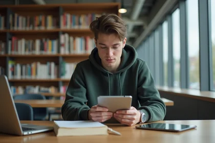 Étudiant en bibliothèque universitaire concentré sur son ordinateur portable