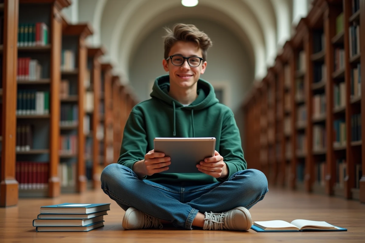 Étudiant consultant une calculatrice de conversion mégaoctets gigaoctets sur tablette en bibliothèque