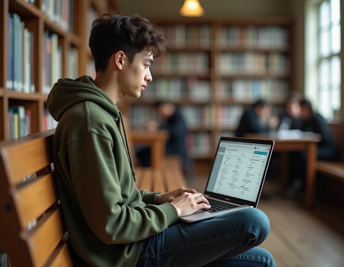 Étudiant gérant ses emails universitaires sur webmail dans une bibliothèque calme