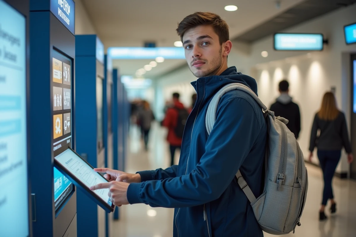 Étudiant de l'UHA consultant une borne de services numériques dans un couloir du campus universitaire