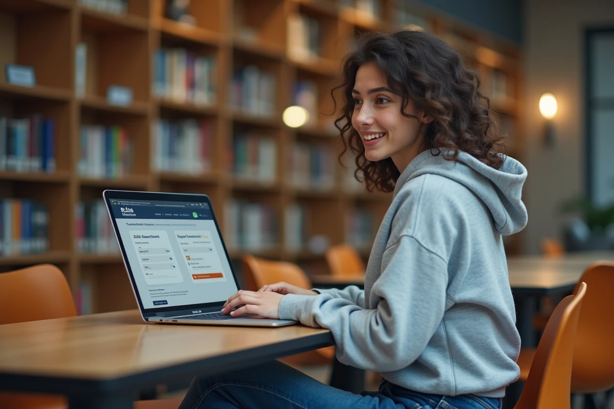 Étudiante de l'UHA utilisant le portail UHA e Service sur son ordinateur portable dans une bibliothèque universitaire moderne