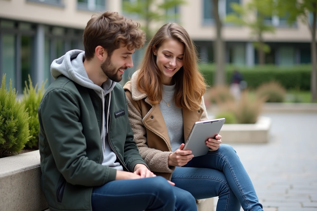 Deux étudiants de l'UHA comparant les services UHA e Service et ent sur une tablette en extérieur sur le campus
