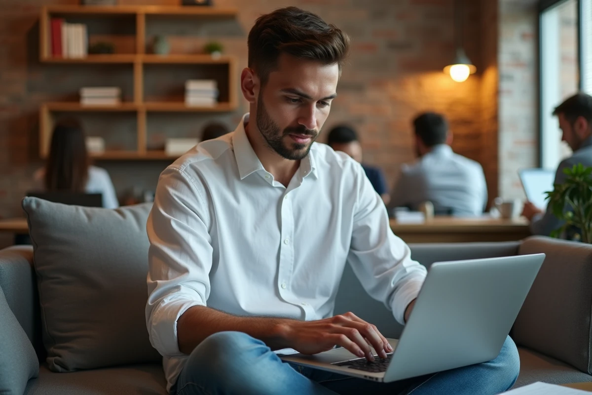 Jeune professionnel évaluant des prestataires IT sur un ordinateur portable dans un espace de coworking moderne