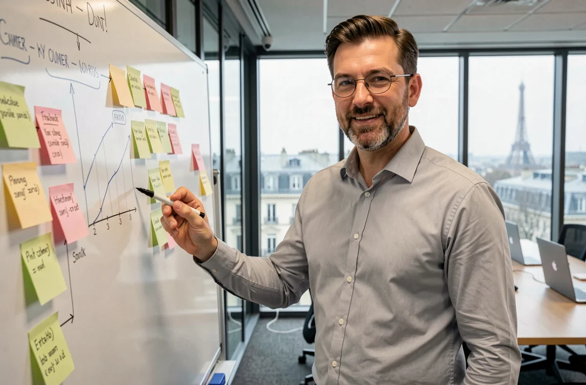 Fabien Berthelet, chef de projet et développeur freelance, présentant un diagramme de flux sur un tableau blanc dans une salle de réunion moderne