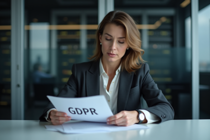 Femme d'affaires examinant un document GDPR dans un bureau moderne