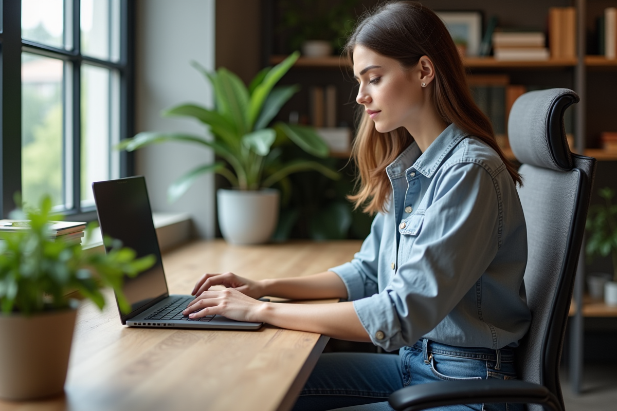 Jeune femme analysant des données SEO sur son ordinateur
