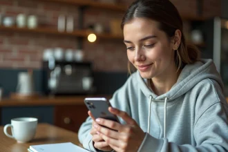 Jeune femme utilisant une application de conversion YouTube sur smartphone Android dans un café