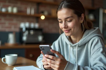 Jeune femme utilisant une application de conversion YouTube sur smartphone Android dans un café