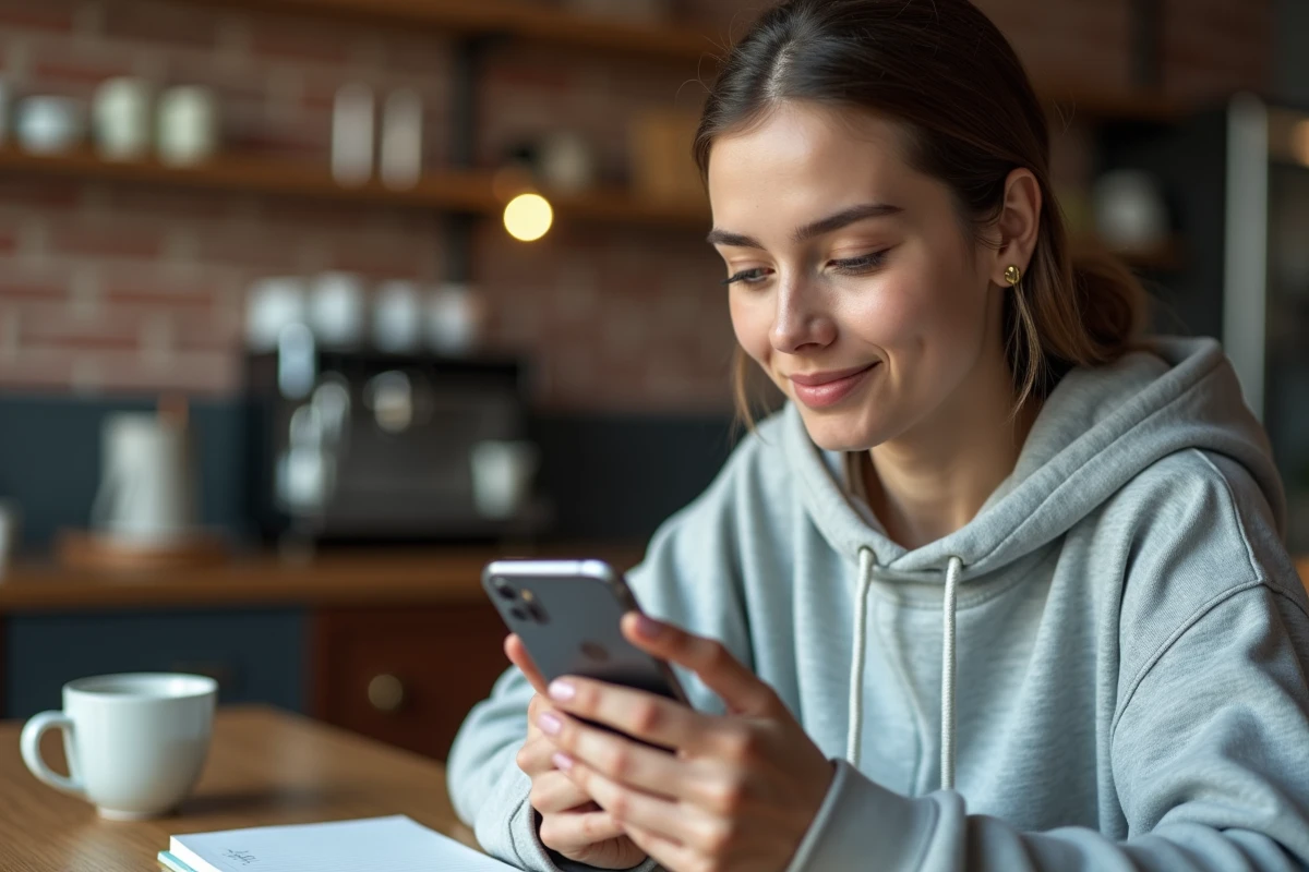 Jeune femme utilisant une application de conversion YouTube sur smartphone Android dans un café
