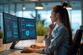 Jeune femme professionnelle compare logiciels d'automatisation