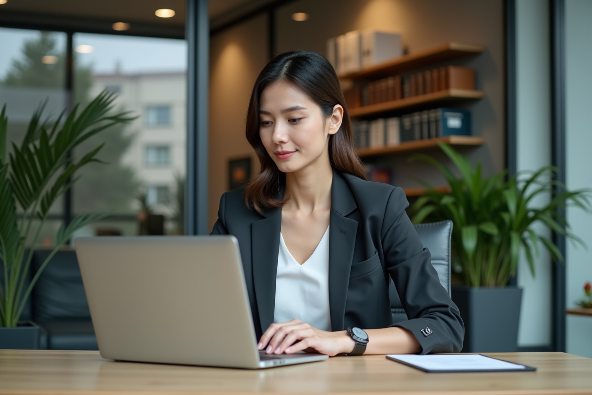 Femme concentrée au bureau avec ordinateur portable