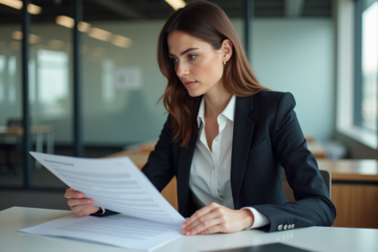 Femme d affaires en costume vérifiant des documents GDPR