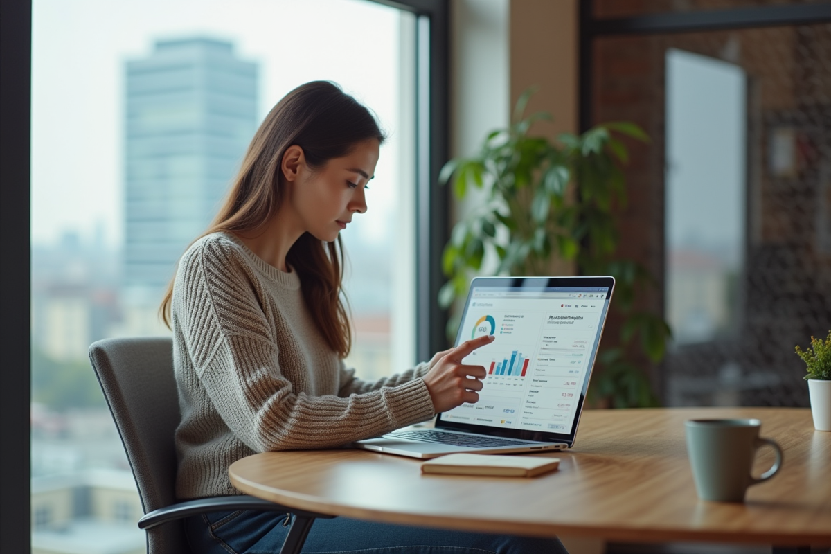 Femme concentrée utilisant un tableau de bord Google Ads