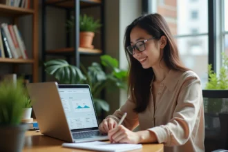 Jeune femme souriante travaillant sur son ordinateur avec dashboard Grovop