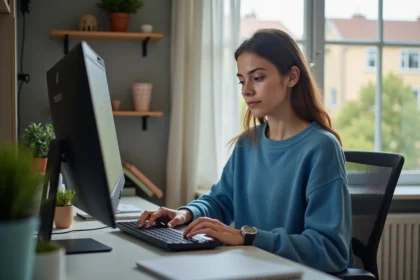 Jeune femme au bureau à domicile concentrée sur son ordinateur