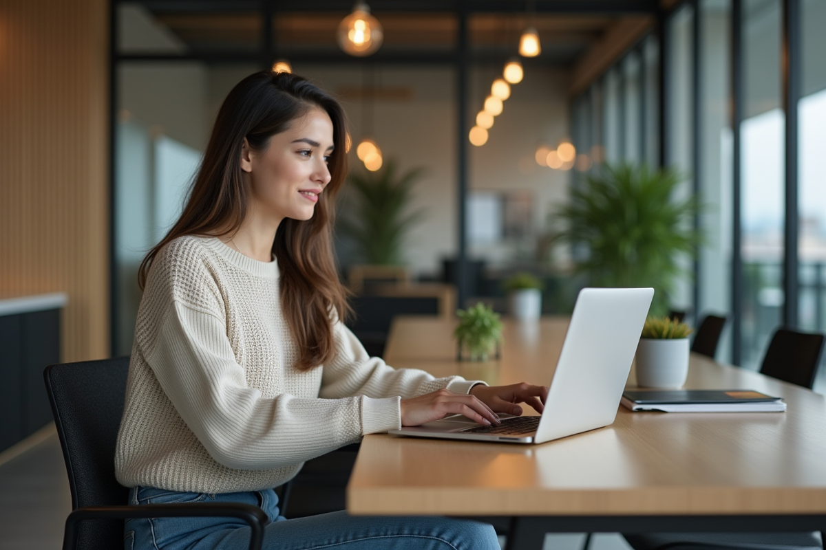 Jeune femme au bureau utilisant un ordinateur portable