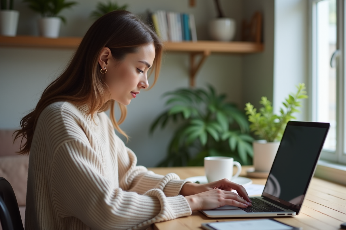 Femme assise à un bureau avec ordinateur portable dans un intérieur cosy
