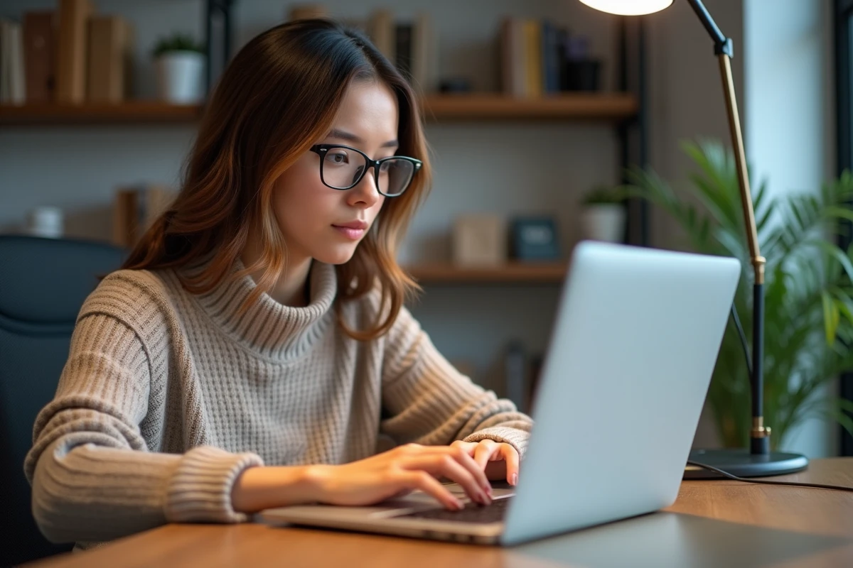 Jeune femme concentrée sur son ordinateur dans un bureau moderne