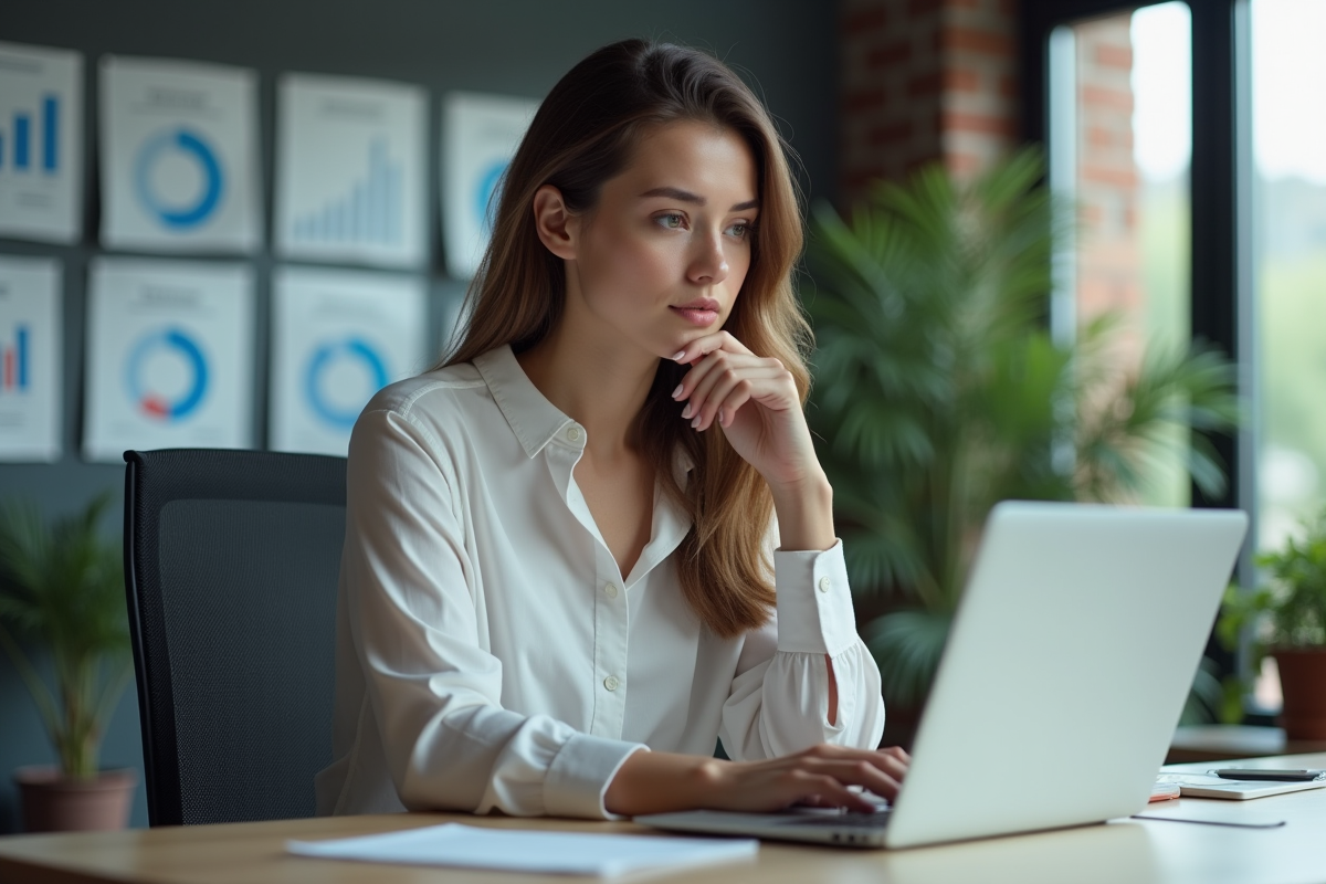 Jeune femme au bureau regardant son ordinateur portable
