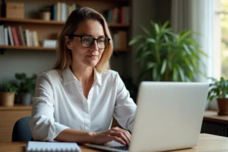 Femme d'âge moyen utilisant un ordinateur portable à la maison
