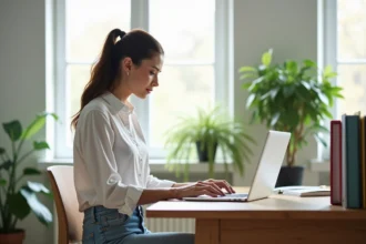 Jeune femme organisée travaillant sur son ordinateur dans un bureau lumineux